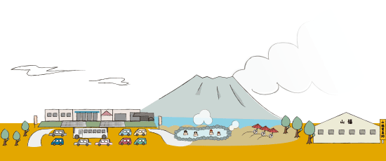 桜島とサービスエリアのイラスト